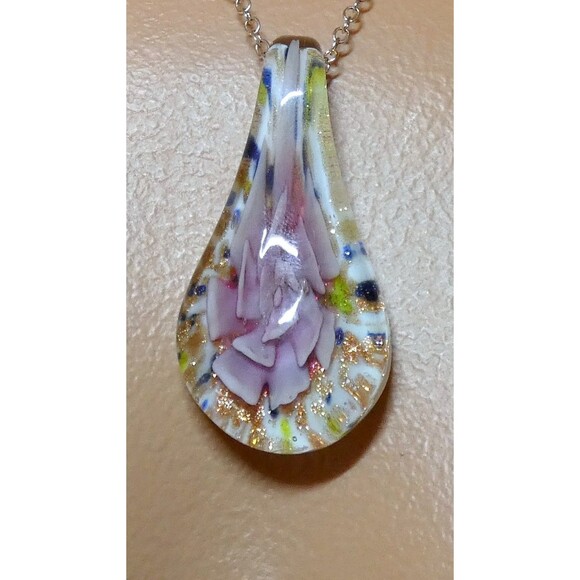 Murano Hand Blown Pink Floral Glass Pendant Copper Yellow Blue - Picture 6 of 9